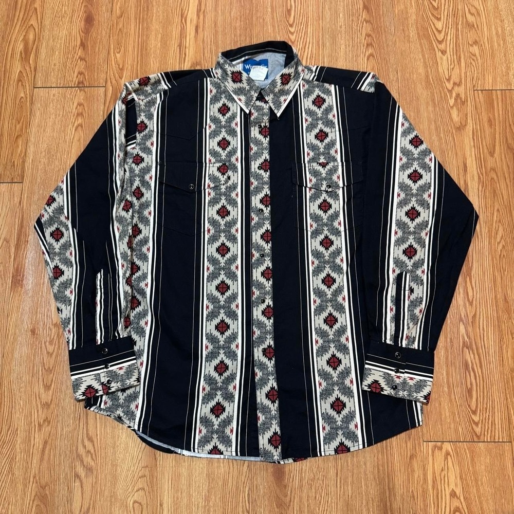 Wrangler Men's Western Shirt Large Snap Button Aztec Black Western Cowboy